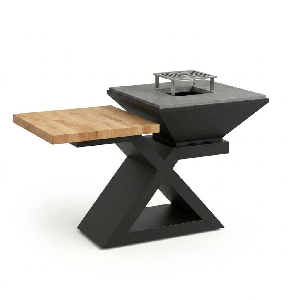 BRACIERE X V 2.0 –  Pietra Lavica 4 Pezzi + Tavolino in Faggio