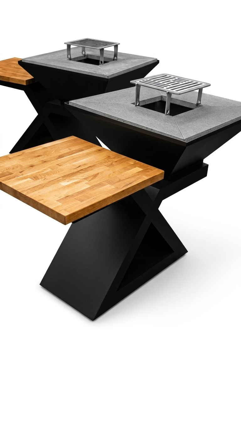 BRACIERE X V 2.0 –  Pietra Lavica 4 Pezzi + Tavolino in Faggio